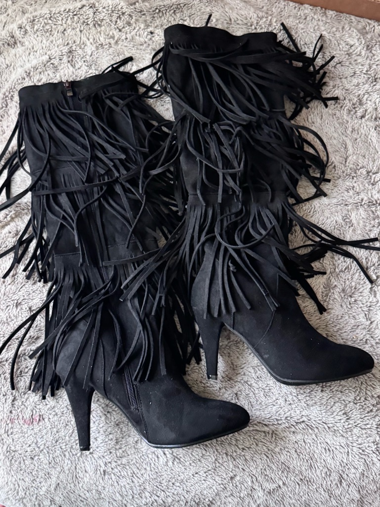 Franco Sarto Black Suede Fringe Stiletto Boots